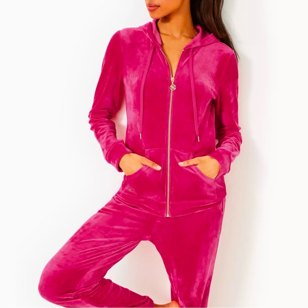 Brand New Lilly Pulitzer Larina Velour Zip-Up Hoodie in Raspberry Rouge, Xl